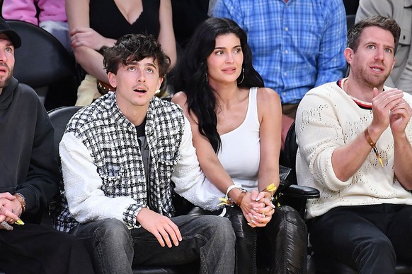 LOS ANGELES, CALIFORNIA - APRIL 30: Timothee Chalamet and Kylie Jenner attend a basketball game between the Los Angeles Lakers and the Minnesota Timberwolves at Crypto.com Arena on April 30, 2025 in L ...