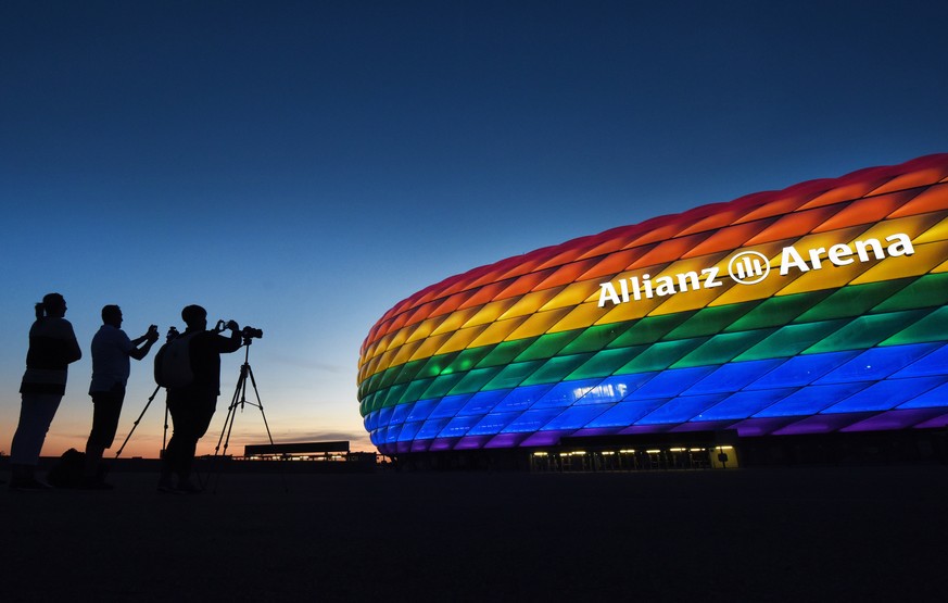 epa09292925 (FILE) - The facade of the landmark &#039;Allianz Arena&#039; stadium is illuminated in the rainbow colors of the LGBT (Lebian, Gay, Bisexual and Transgender) movement to mark the Christop ...