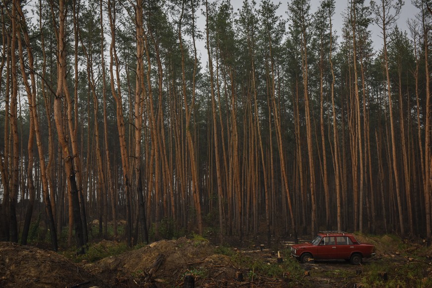 epa10216475 A car in the forest in the town of Izyum, in Kharkiv region, Ukraine, 30 September 2022. The Ukrainian army pushed Russian troops from occupied territory in the northeast of the country in ...
