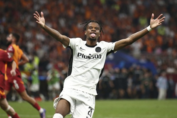 YB&#039;s Alan Virginius celebrates after scoring the 0-1 during the Uefa Champions League playoff soccer match between Turkey&#039;s Galatasaray Istanbul and Switzerland&#039;s BSC Young Boys, at the ...