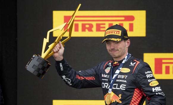 Red Bull Racing&#039;s Max Verstappen, of the Netherlands, celebrates his victory after the Formula One Canadian Grand Prix auto race Sunday, July 18, 2023, in Montreal. (Paul Chiasson/The Canadian Pr ...