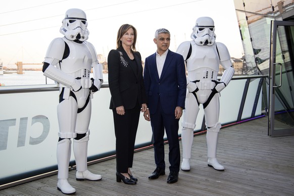 Kathleen Kennedy, left, and Mayor of London Sadiq Khan pose for photographers during the Star Wars Celebration photo call in London, Saturday, April 7, 2023. (Photo by Vianney Le Caer/Invision/AP)
Kat ...