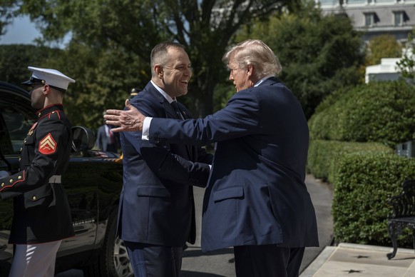 September 3, 2025, Washington, Dc, United States: U.S President Donald Trump, right, greets Polish President Karol Nawrocki, left, during the arrival ceremony at the Diplomatic Entrance of the White H ...
