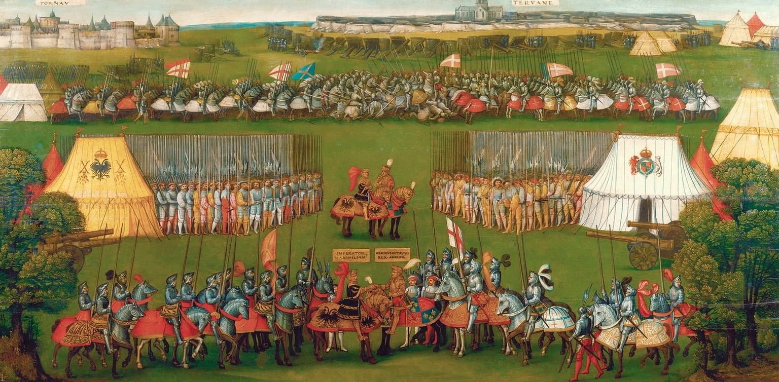 Henri VII, roi d’Angleterre et Maximilien Ier, souverain du Saint Empire romain germanique se rencontrent après la victoire à la bataille de Guinegatte. Peinture du XVIe siècle.
https://www.rct.uk/col ...