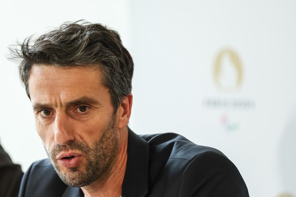 epa10677684 Head of Paris 2024 Olympics Tony Estanguet attends a press conference in headquarters of the Paris 2024 Committee, in Saint-Denis, near Paris, France, 07 June 2023. .The press conference c ...
