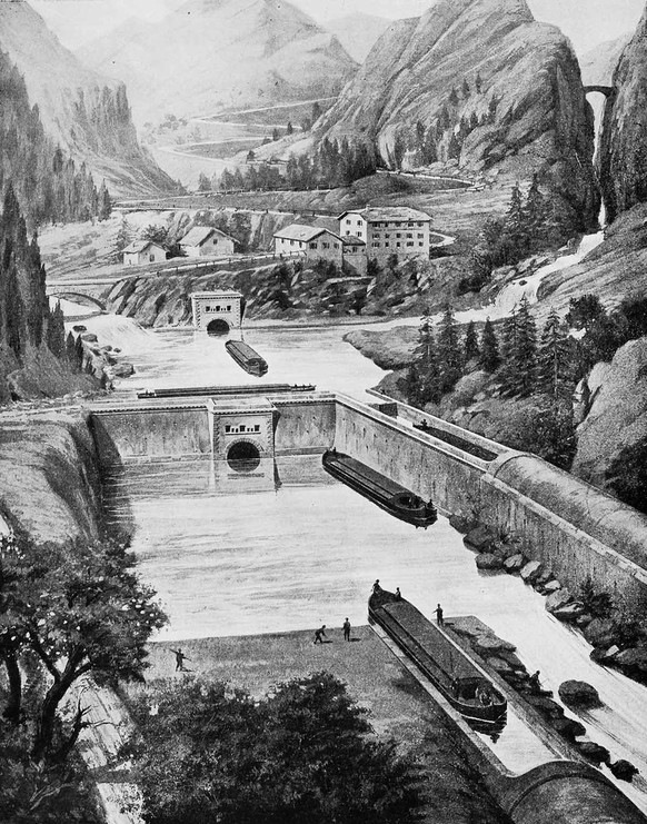 Pure fantaisie pour Gelpke, système visionnaire pour Caminada: les bateaux devaient franchir les montagnes en passant par des tuyaux, des bassins et des tunnels.