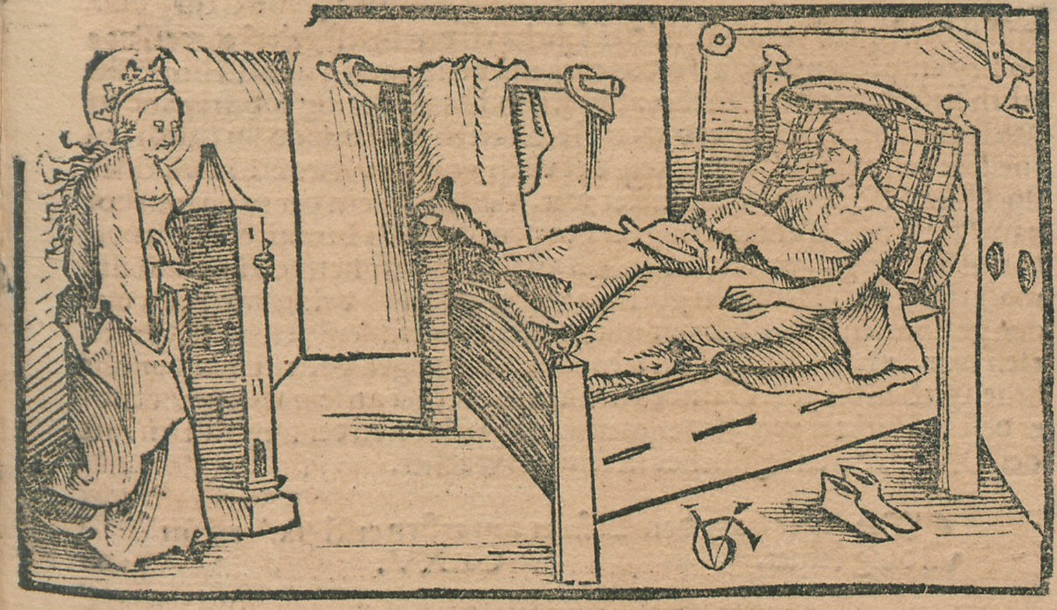 Sainte Barbe dans la cellule de Hans Jetzer. La sainte martyre est reconnaissable à la tour, son attribut. Gravure sur bois d’Urs Graf, 1509.
http://resolver.staatsbibliothek-berlin.de/SBB0001D18D0000 ...