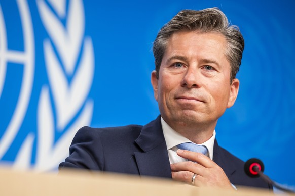 Tom Fletcher, Under-Secretary-General for Humanitarian Affairs and Emergency Relief Coordinator, briefs to the media about the hunger in Gaza Strip, during a press conference at the European headquart ...