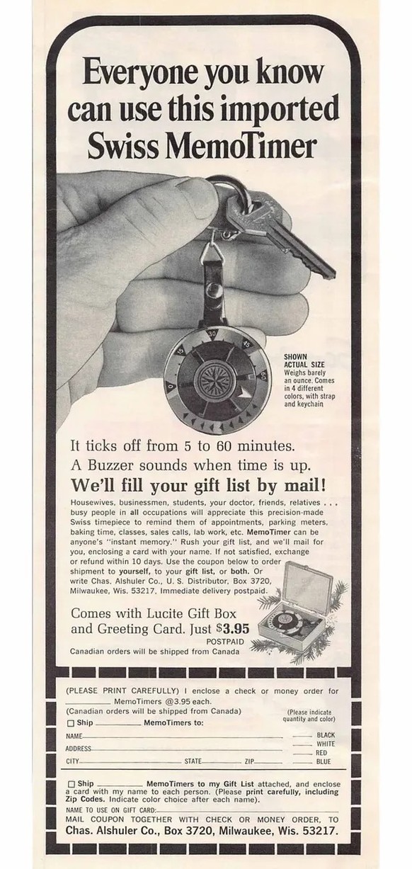 Annonce publicitaire pour le u003cemu003eSwiss MemoTimeru003c/emu003e dans le magazine américain u003cemu003eLooku003c/emu003e, 1968.