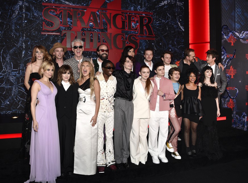 The &quot;Stranger Things&quot; cast pose together at the season four premiere at Netflix Studios Brooklyn on Saturday, May 14, 2022, in New York. (Photo by Evan Agostini/Invision/AP)
Maya Hawke,Jamie ...