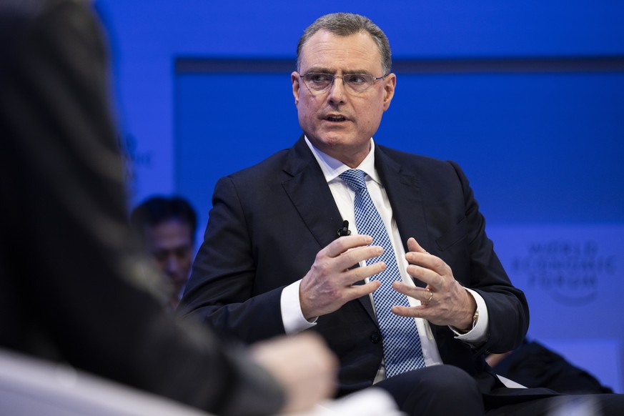 epa11087063 Thomas J. Jordan, Chairman of the Governing Board of the Swiss National Bank, speaks during a panel session during the 54th annual meeting of the World Economic Forum (WEF) in Davos, Switz ...