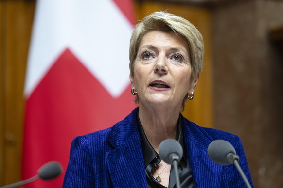 Bundesraetin Karin Keller-Sutter spricht im Nationalrat an der Fruehjahrssession der Eidgenoessischen Raete, am Montag, 16. Maerz 2026, in Bern. (KEYSTONE/Peter Schneider)