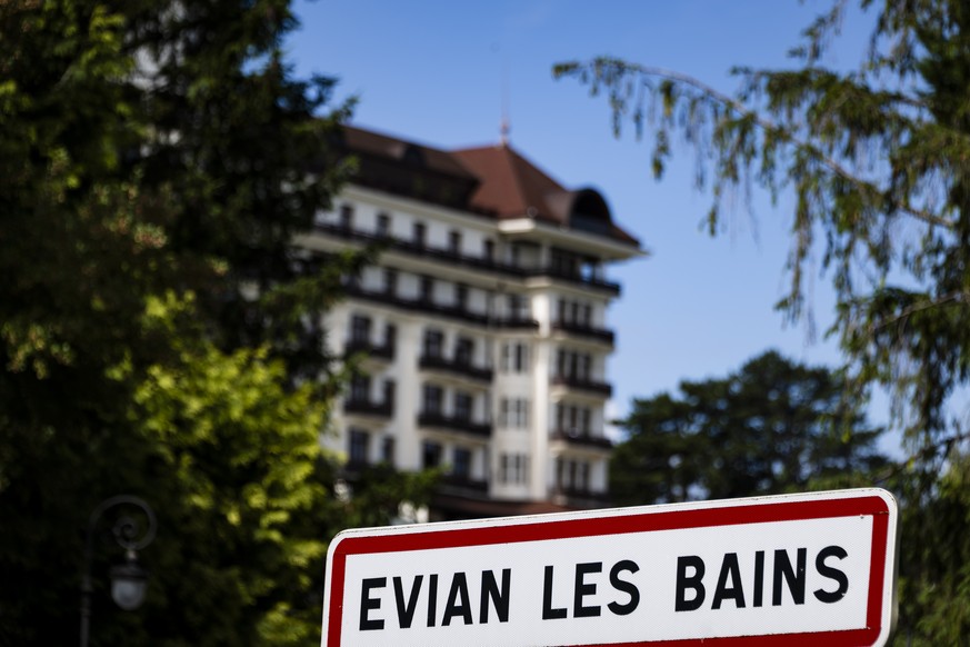epa13020188 The Royal Hotel, which will host the heads of state during the G7 Summit is pictured from a boat on Lake Geneva, in Evian-les-Bains, France, 06 June 2026. The 52nd G7 Summit will take plac ...