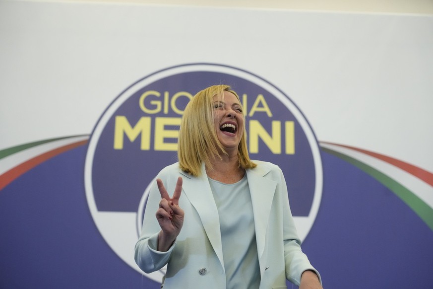 Far-Right party Brothers of Italy&#039;s leader Giorgia Meloni reacts at her party&#039;s electoral headquarters in Rome, Sunday, Sept. 25, 2022. Italians voted in a national election that might yield ...