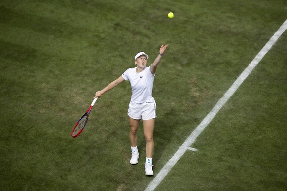 Celine Naef of Switzerland in action during a training session the All England Lawn Tennis Championships in Wimbledon, London, Saturday, July 1, 2023. The Wimbledon Tennis Championships 2023 will be h ...