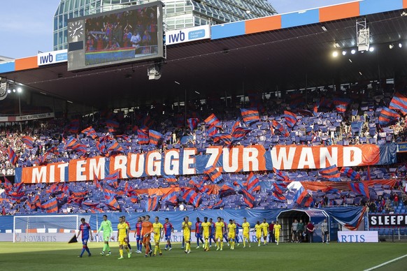 The teams walk into the stadium, prior to the UEFA Europa Conference League third qualifying round, second leg soccer match between FC Basel and Brondby IF at the St. Jakob-Park stadium in Basel, Swit ...
