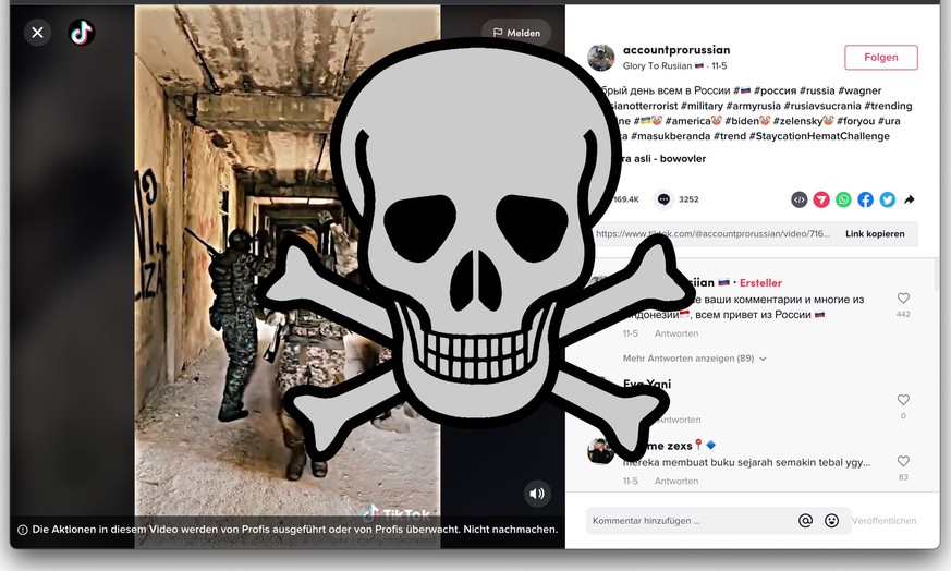 Insertion douteuse: sous cette vidéo de propagande russe de Wagner, TikTok montre aux utilisateurs l'avertissement suivant: «Les actions de cette vidéo sont exécutées par des professionnels ou surveil ...