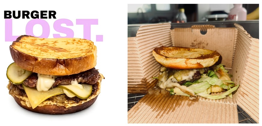 A gauche, la version marketing. A droite, le burger une fois à la maison.
