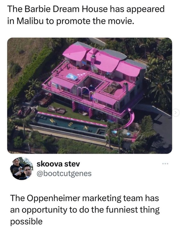 Barbenheimer Barbie Oppenheimer meme

https://www.instagram.com/p/CuR0SbWvDI4/?img_index=1
