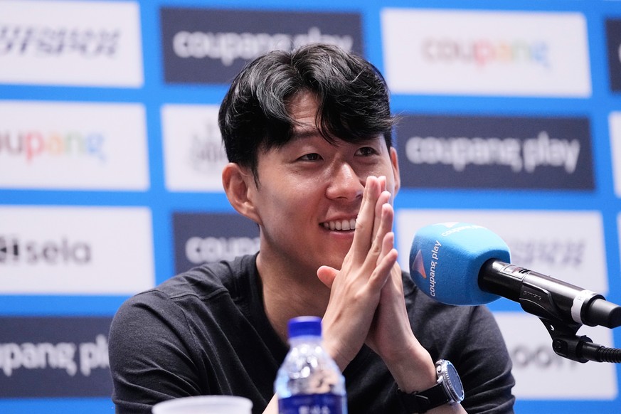 Tottenham Hotspur&#039;s Son Heung-min speaks during a press conference ahead of a preseason soccer match between Tottenham Hotspur and Newcastle United in Seoul, South Korea, Saturday, Aug. 2, 2025.  ...