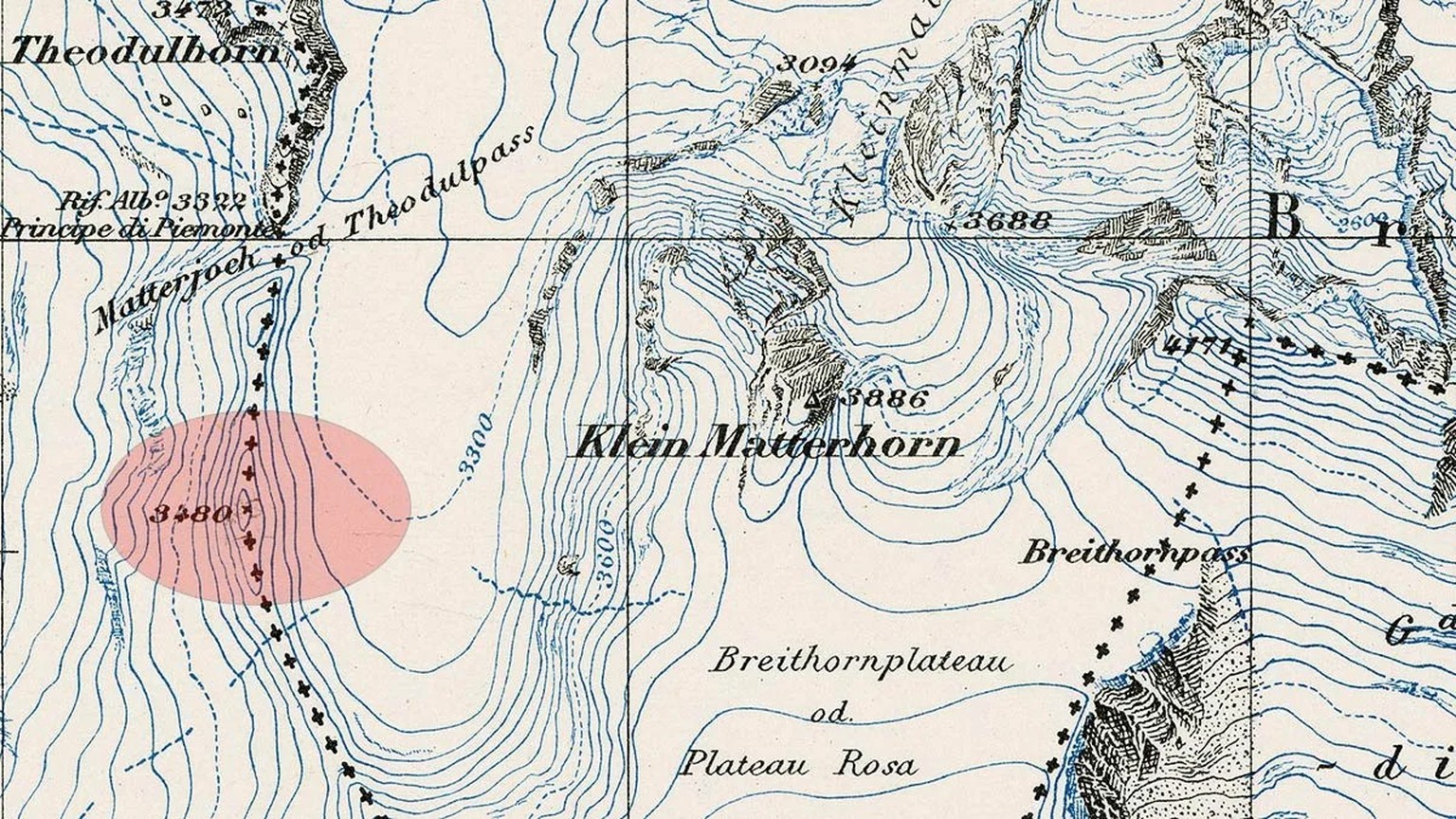 Autrefois encore sans mention spécifique sur la carte: le promontoire rocheux de la Testa Grigia se trouvait à la cote d’altitude 3480 (à gauche, coloré en rose).