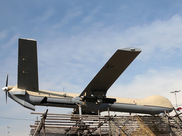 Iranian drone Shahed-129 is displayed by armed forces, in a rally commemorating the 37th anniversary of the Islamic revolution in Tehran, Iran, Thursday, Feb. 11, 2016. Shahed, which means &amp;quot;w ...
