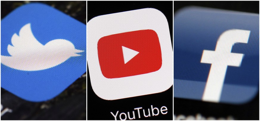 FILE - This combination of images shows logos for companies from left, Twitter, YouTube and Facebook. Russia&#039;s invasion of Ukraine is forcing big tech companies to decide how to handle state-cont ...
