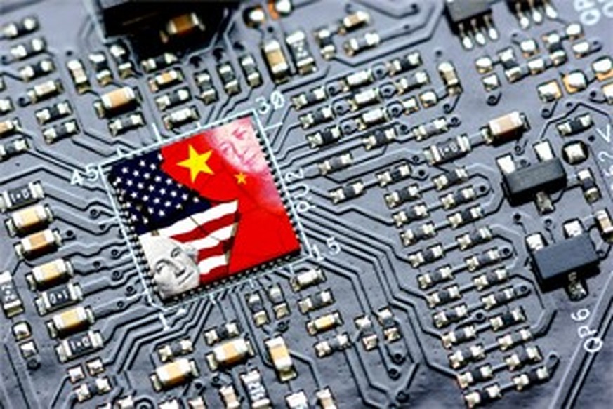 Flag of USA and China on a processor, CPU or GPU microchip on a motherboard. US companies have become the latest collateral damage in US - China tech war. US limits, restricts AI chips sales to China.