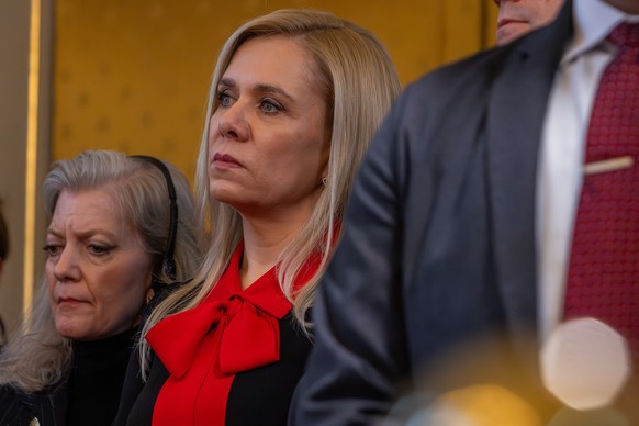 epa12742980 Minister of Economy of Slovakia Denisa Sakova (C) attends a press conference of Slovakia's Prime Minister Robert Fico and US Secretary of State Marco Rubio attends a joint press confe ...