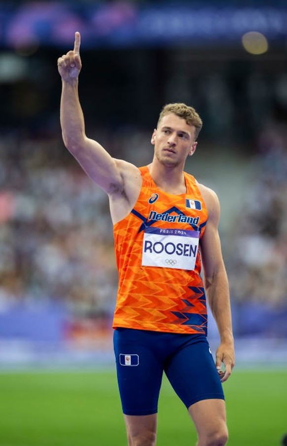 PARIS, FRANCE - AUGUST 3: Sven Roosen of Team Netherlands reacts during the Javelin Throw leg of Decathlon on day eight of the Olympic Games Paris 2024 at Stade de France on August 3, 2024 in Paris, F ...