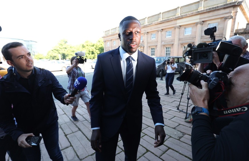 epa10113620 Manchester City and France international footballer Benjamin Mendy arrives at Chester Crown Court, Chester, Britain, 10 August 2022. Mendy is on trial for eight counts of rape, one count o ...