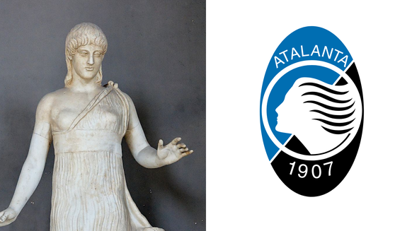 La déesse Atalante représentée à gauche en statue au musée du Vatican et sur le logo du club à droite.