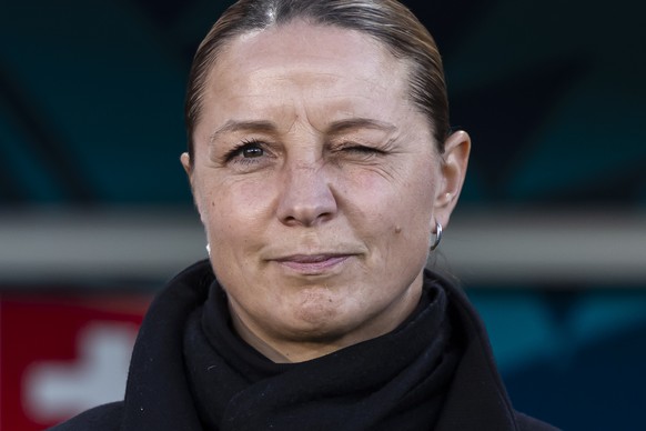 Switzerland&#039;s head coach Inka Grings reacts before the FIFA Women&#039;s World Cup 2023 round of 16 soccer match between Switzerland and Spain at Eden Park in Auckland, New Zealand on Saturday, A ...