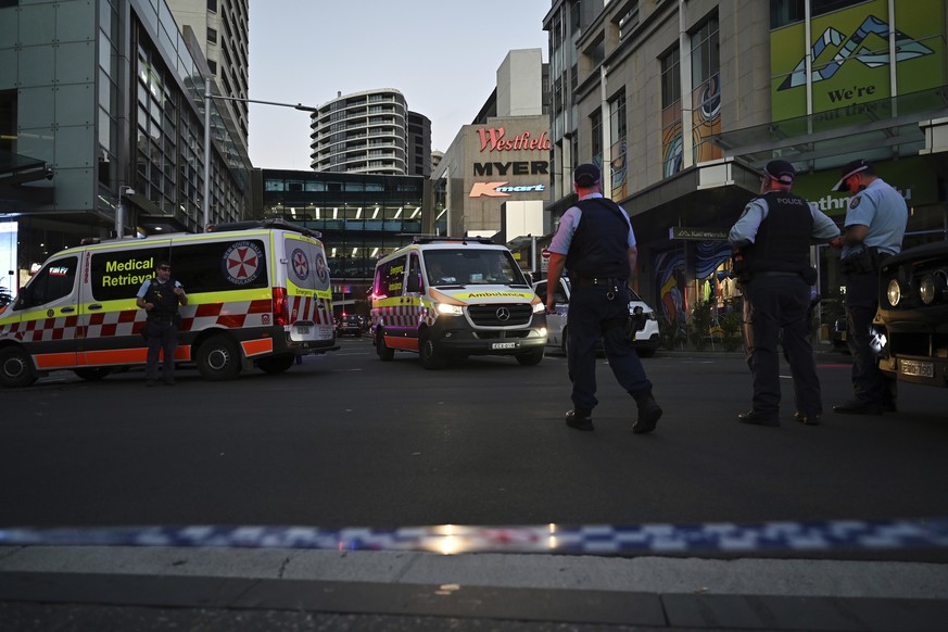 Emergency services are seen at Bondi Junction after multiple people were stabbed at the Westfield Bondi Junction shopping centre in Sydney, Australia, Saturday, April 13, 2024. Multiple people were st ...