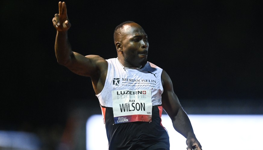Alex Wilson of Switzerland wins the 200 m race at the International Athletics Meeting in Lucerne, Switzerland, on Tuesday, June 29, 2021. (KEYSTONE/Gian Ehrenzeller)