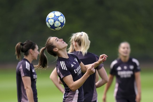 Arsenal&#039;s Lia Walti heads the ball during a training session at the Sobha Realty Training Centre, London, Friday May 23, 2025, one day ahead of their final match of the Women&#039;s Champions Lea ...