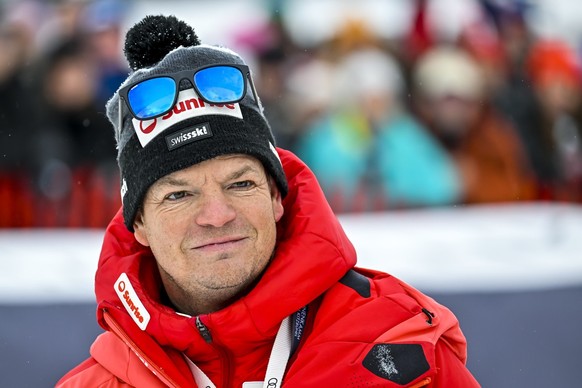 Reto Nydegger coach of the swiss speed team reacts in the finish area during the men&#039;s downhill race at the Alpine Skiing FIS Ski World Cup in Kitzbuehel, Austria, Friday, January 20, 2023. (KEYS ...