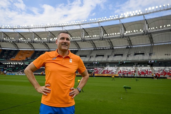 Laurent Meuwly of Switzerland the head coach for sprint, hurdles and relays for the Netherlands reacts during a training session of the World Athletics Championships at the National Athletics Centre,  ...