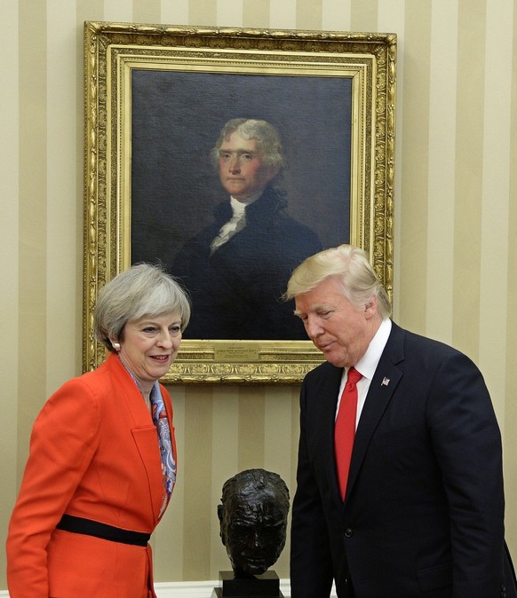 epa06358794 (FILE) - US President Donald J. Trump meeting with British Prime Minister Theresa May with the bust of Britain&#039;s WWII leader Sir Winston Churchill (C) in the Oval Office of the White  ...