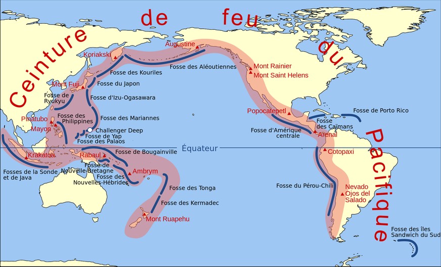 La ceinture de feu du Pacifique, appelée aussi ceinture circum-pacifique ou ceinture péri-pacifique, est une expression employée pour désigner l&#039;alignement de volcans qui borde l&#039;océan Pacif ...