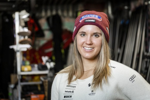 Ski racer Joana Haehlen from Switzerland, poses in the ski room during the Swiss-Ski federation press conference at the FIS Alpine Ski World Cup, in St. Moritz, Switzerland, Friday, December 10, 2021. ...