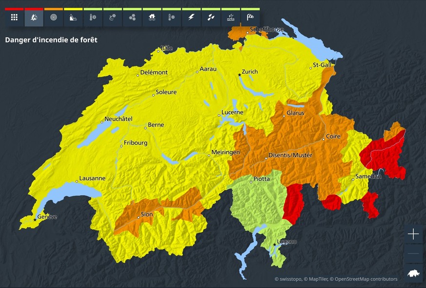 La carte des risques d'incendies en Suisse.