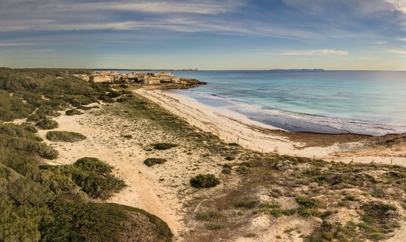 Der Strand von Ses Covetes mit dem Nationalpark Cabrera im Hintergrund, Gemeinde Campos, Mallorca, Balearen, Spanien Ses Covetes beach with the Cabrera National Park in the background, municipality of ...