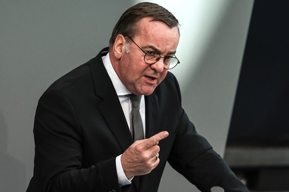 epa11971275 German Defense Minister Boris Pistorius gestures as he speaks during a special plenary session of the German parliament &#039;Bundestag&#039;, in Berlin, Germany, 18 March 2025. The German ...