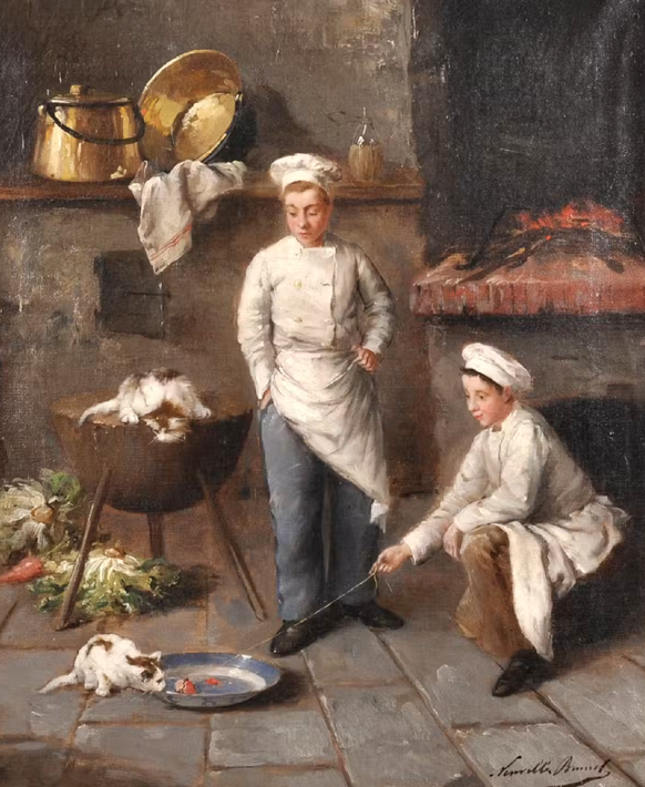 Alfred Arthur Brunel de Neuville (1852-1941) A Kitchen Interior with Two Young Chefs playing with Kittens.