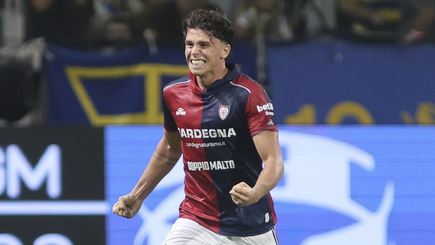 Alessandro Romano of Cagliari Calcio celebrates after scoring during the Parma Calcio vs Cagliari Calcio match in the 1st round of the Serie A Enilive 2026-27 season at Ennio Tardini stadium in Parma, ...
