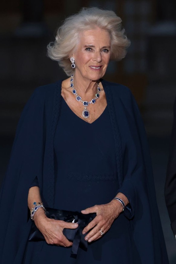VERSAILLES, FRANCE - SEPTEMBER 20: Queen Camilla arrives at the Palace of Versailles ahead of the State Dinner held in honor of King Charles III and Queen Camilla in the Hall of Mirrors of the Chateau ...