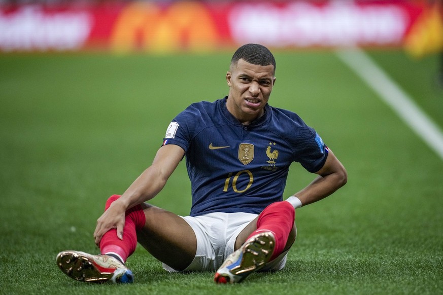 France&#039;s Kylian Mbappe reacts during the World Cup quarterfinal soccer match between England and France, at the Al Bayt Stadium in Al Khor, Qatar, Saturday, Dec. 10, 2022. (AP Photo/Christophe En ...