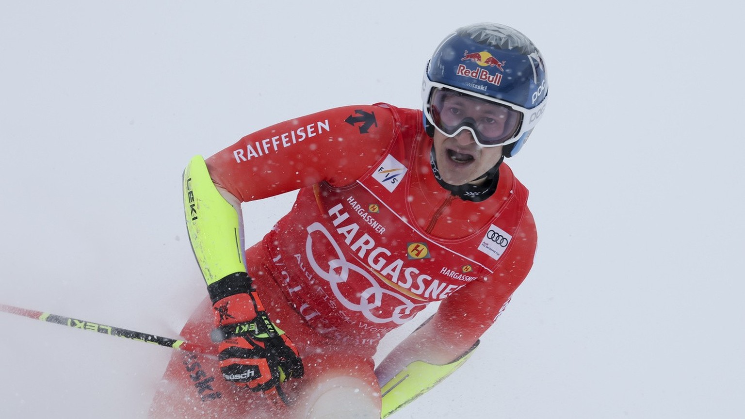 Switzerland&#039;s Marco Odermatt checks his time at the finish area of an alpine ski, men&#039;s World Cup giant slalom race, in Val d&#039;Isere, France, Saturday, Dec.9, 2023. (AP Photo/Marco Trova ...