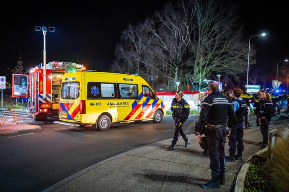 epa12609172 Emergency services work at the scene of an accident on the Elburgerweg in Nunspeet, the Netherlands, 22 December 2025. According to police, a car drove into a group of people injuring at l ...